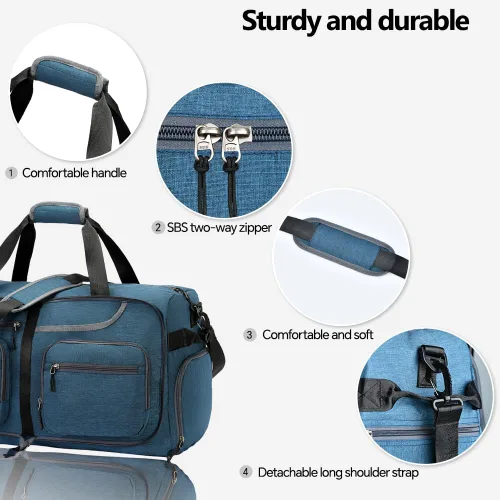 Vista 3 de Bolsa de viaje plegable de 65 litros con compartimento para zapatos y bolsillo húmedo, impermeable y resistente a desgarros, A4-azul oscuro
