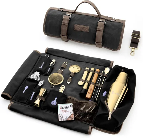 Vista 10 de Barillio Bolsa de Kit de Barman con Juego de Coctelera Negra – Lona Encerada, Bolsa de Herramientas de Bar de Viaje con Kit de Cóctel de 17 Piezas