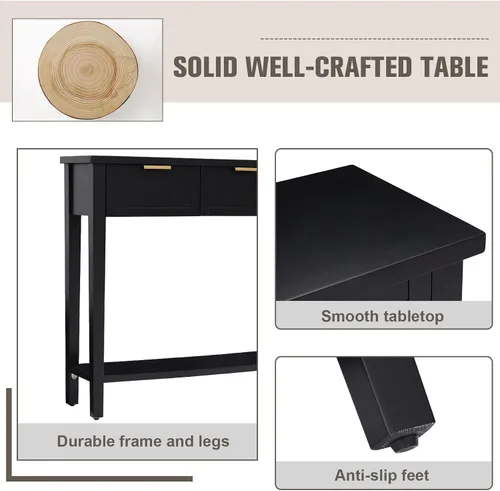 Vista 4 de Mesa consola con cajón, mesa de entrada larga estrecha con estante inferior para pasillo, entrada y sala de estar, color negro