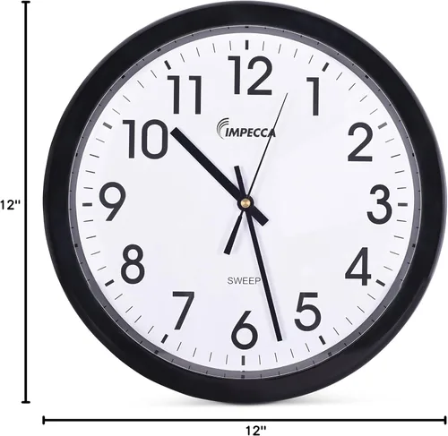 Vista 6 de Impecca WCW12M1 Reloj de pared con movimiento de barrido sin tictac, 12 pulgadas, color negro