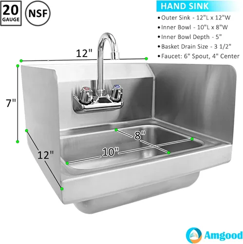 Vista 2 de AmGood Fregadero de mano comercial de 12 pulgadas de ancho x 12 pulgadas