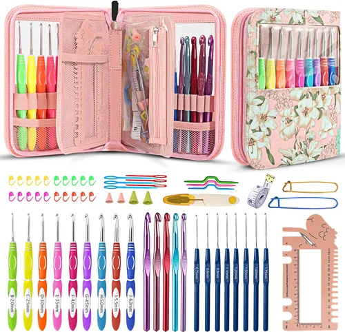 Vista 8 de Looen Juego de 61 piezas de ganchos de ganchillo ergonómicos, 22 tamaños (0.75 mm-10 mm), con estuche para manos artríticas, agujas de ganchillo