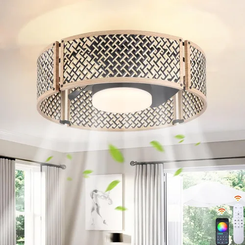Vista 15 de Ganeed Ventilador de techo bohemio de 20 pulgadas con luz, ventilador de techo enjaulado de ratán tejido a mano con luz y control remoto, ventilador