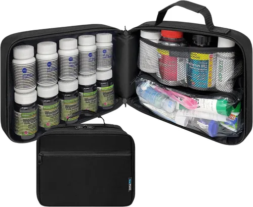 Vista 7 de Organizador de frascos de píldoras acolchado grande, bolsa de medicamentos, estuche, portador para medicamentos, vitaminas y suministros médicos