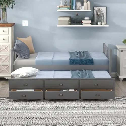 Vista 9 de SOFTSEA Marco de sofá cama nido de madera con cajones, cama de día individual, sofá cama para sala de estar, dormitorio, gris