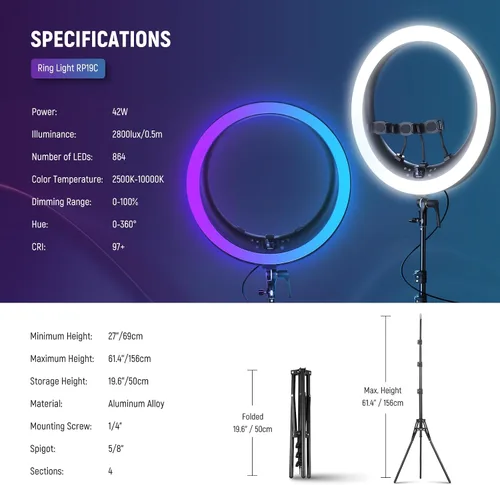Vista 8 de NEEWER - Anillo de luz RGB LED de 19 pulgadas con soporte, 3 soportes para teléfono, panel táctil, control 2.4G/App, 42W CRI97+ 2800lux/0.5m 360°