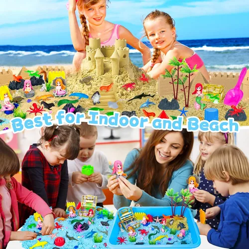 Vista 4 de Contenedor sensorial, 57 unidades de contenedores sensoriales de sirena oceánica para niños pequeños, kit de arte de arena, moldes de animales