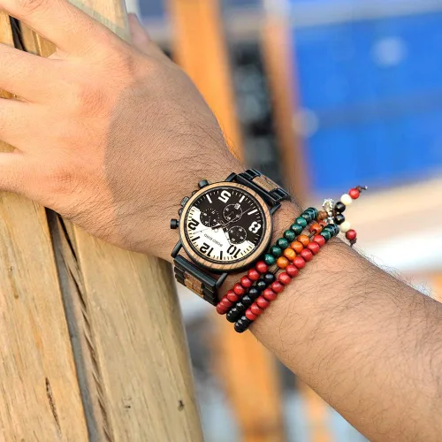 Vista 6 de BOBO BIRD Reloj de acero inoxidable de madera para hombre, cronógrafo, relojes de cuarzo