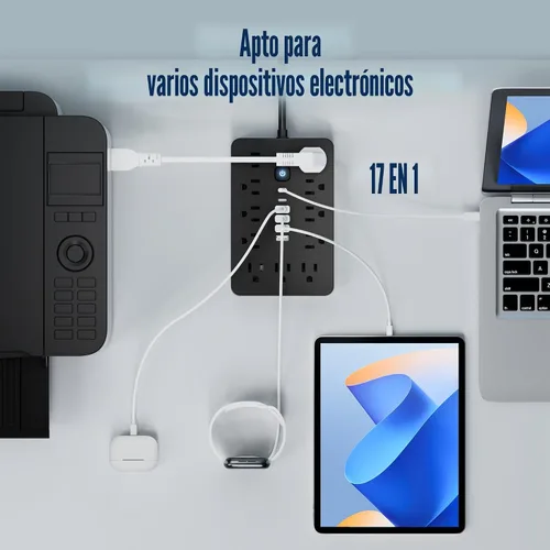Vista 7 de JouleLoom Tira de alimentación con protector contra sobretensiones de enchufe plano de 6 pies, 11 tomas de corriente alterna con 6 puertos USB