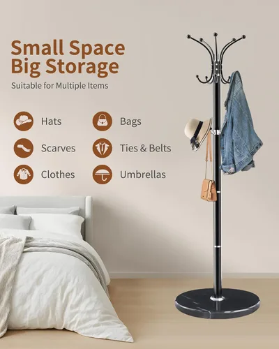 Vista 5 de Snaikor Perchero de Metal con Base de Mármol Natural, Perchero Moderno Independiente, Perchero Giratorio de 360° con 14 Ganchos, Perchero