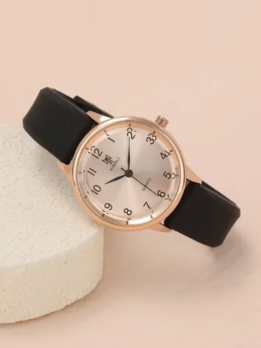 Vista 2 de MANIFO Reloj de pulsera analógico de cuarzo analógico con números arábigos clásicos para mujer, con correa de silicona, Negro