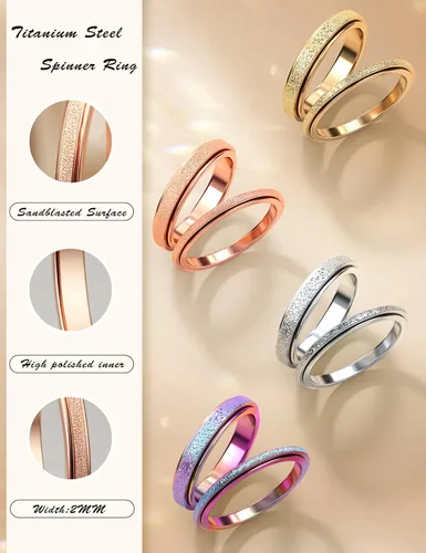 Vista 6 de Diamday Anillos Fidget para Mujeres y Hombres - Anillo Spinner de Acero Inoxidable 24 para Alivio de Ansiedad y Estrés con Purpurina Chorro de Arena