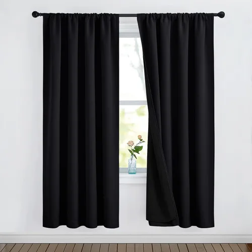 Vista 14 de NICETOWN Biscotti Beige 100% Cortinas opacas de 45" de largo para cocina, bolsillo con varilla para sótano completamente opaco, cortinas térmicas