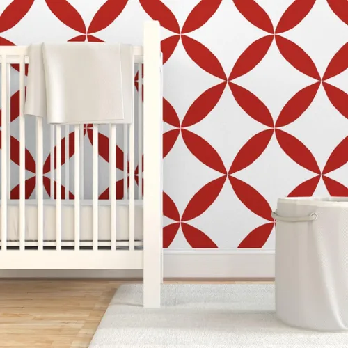 Vista 6 de Muestro de papel tapiz extraíble, círculo geométrico rojo, pétalos blancos, minimalista, floral, a gran escala, medio, cuatro pétalos, Scandi, casa