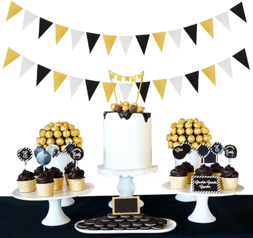 Vista 7 de Decoraciones de fiesta plateadas, negras y doradas, 2 banderines de papel para hombres, cumpleaños, Año Nuevo, jubilación, graduación, aniversario