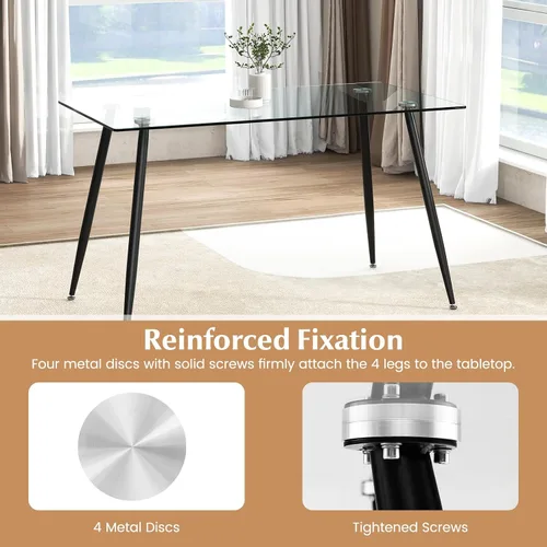 Vista 4 de Tangkula Mesa de comedor de cristal, mesa rectangular moderna con mesa de vidrio templado y patas de acero negro, mesa versátil de cocina simple