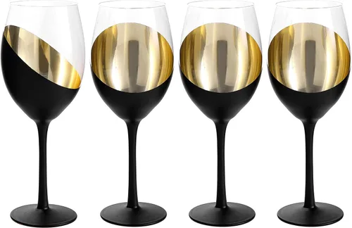 Vista 9 de MyGift Juego de 4 Copas de Vino, Copas de Vino Tinto de 14oz, Cristalería Moderna Negro Mate y Dorado, Elegantes Copas de Bar para Bodas, Fiestas