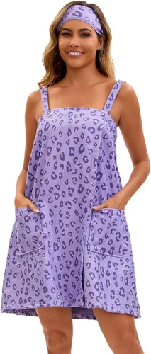 Vista 11 de Rubehoow - Bata de baño para mujer, envoltura de toalla con cierre de velcro ajustable con bolsillos y diadema facial