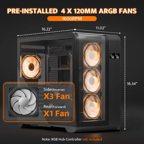 Vista 4 de darkFlash Chasis PC ATX de Torre Media con Pantalla, Tres Lados de Vidrio, Chasis de PC Gaming Dual Curvo de Vista Completa, 4 Ventiladores ARGB PWM
