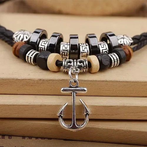 Vista 6 de Collar de cuero negro para hombre, estilo tribal, bohemio, hipppie, doble capa, negro, trenzado, con cuentas, colgante de ancla pirata, Cuero, No es