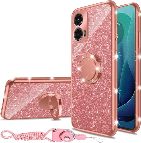 Vista 20 de nancheng Funda para Motorola Moto G Play 2024 (6.5 pulgadas) para niñas y mujeres, bonita funda de teléfono de TPU suave con purpurina y anillo