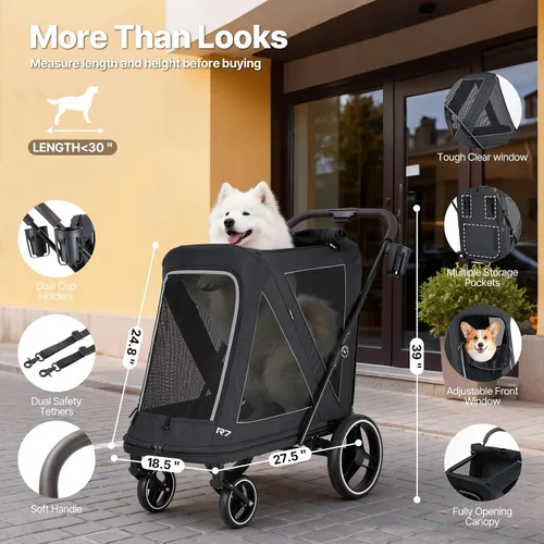 Vista 5 de Beberoad Cochecito para mascotas para perros medianos, cochecito plegable de un segundo, R7 todo terreno con neumáticos ER, malla de doble ventana