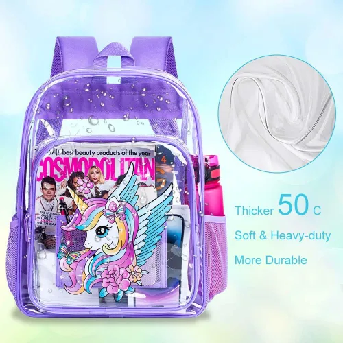 Vista 26 de Mochila transparente, aprobada por el estadio, para niñas y niños, mochila transparente de PVC resistente para mujeres y hombres