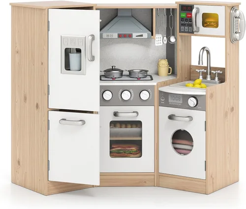 Vista 2 de Costzon Juego de cocina para niños, cocina de juego de simulación de madera 9 en 1 con luz y sonido realistas, máquina de hielo, lavadora