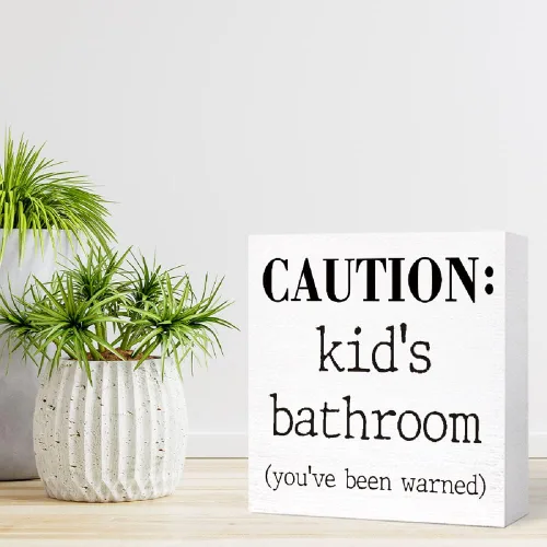 Vista 7 de Letrero de madera para baño de niños, divertido letrero de madera de precaución para el baño de niños, estante de baño, estantes de baño, decoración