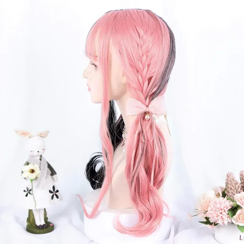 Vista 2 de Peluca larga de cosplay de 24 pulgadas, medio negro, medio rosa, con flequillo, ondulado, Harajuku, linda fiesta diaria, para mujeres y niñas