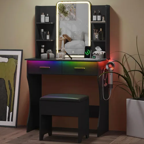 Vista 13 de HUANLEGO Pequeño escritorio rosa con espejo y luces para mujeres y niñas