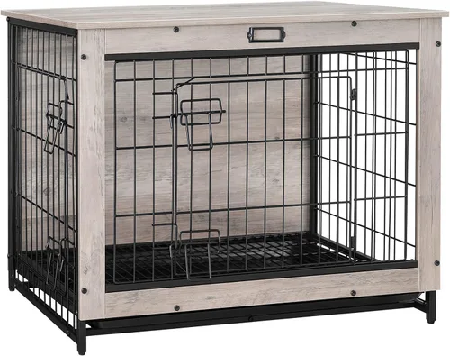 Vista 10 de Mueble de jaula para perros, perrera pequeña de 25.5 pulgadas para interiores, jaula de madera con bandeja extraíble, mesa auxiliar lateral que