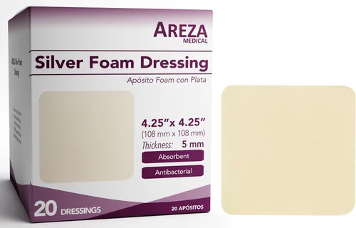 Vista 10 de Areza Medical - Almohadilla de espuma plateada para heridas - Estéril - 4" X 4" (3.9 in X 3.9 in) - Borde adhesivo - 10 unidades por caja