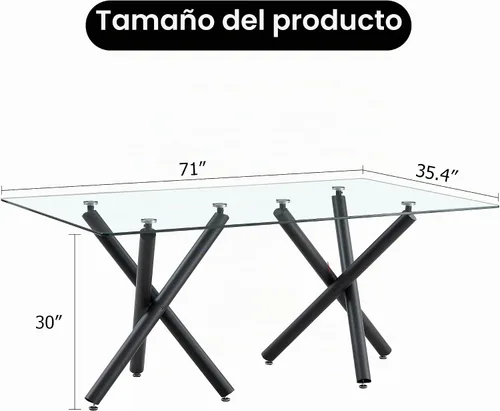 Vista 2 de Ebullient - Mesa de comedor de cristal de 71 pulgadas, moderna mesa rectangular de cocina para 8, mesa de vidrio transparente y patas de metal