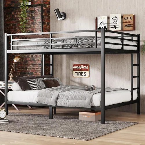 Vista 10 de Bellemave Litera individual XL sobre individual XL, litera de metal con escalera y barandilla para niños, adultos, se puede dividir, color negro