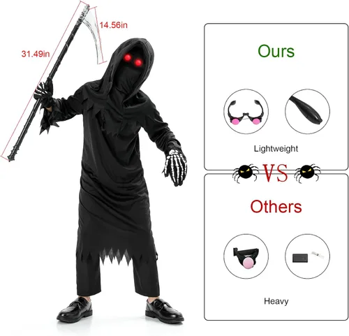 Vista 4 de Onory Disfraces de Halloween para niños, disfraz de la parca para niños, conjunto de fantasmas aterradores, cosplay, recuerdos de fiesta de Halloween