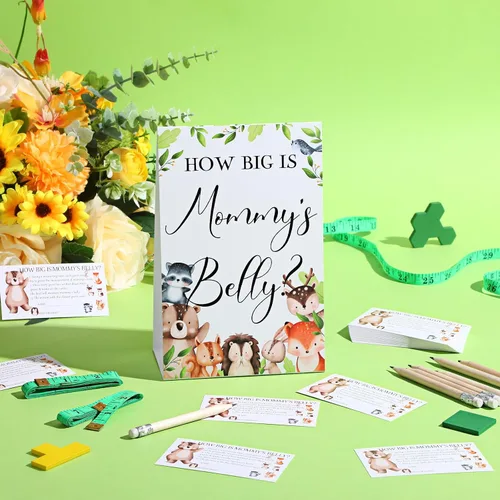 Vista 115 de Sabary 64 Piezas Juegos de Baby Shower Incluyen Letrero How Big is Mommy's Belly Sign Measure Bump Game 50 Tarjetas 10 Lápices 3 Cintas Métricas