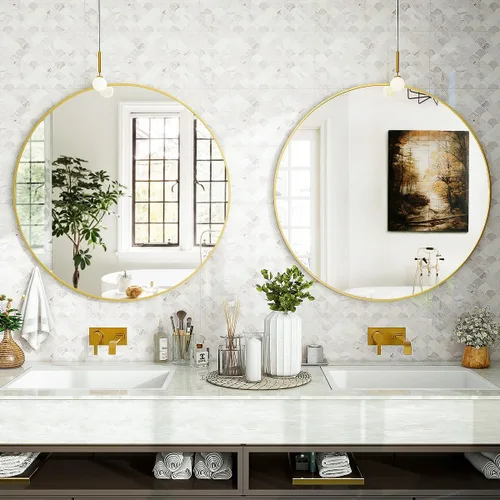 Vista 5 de VooBang Gold Round Bathroom Mirror 24", Thin Metal Frame Wall Mirror Dorado
