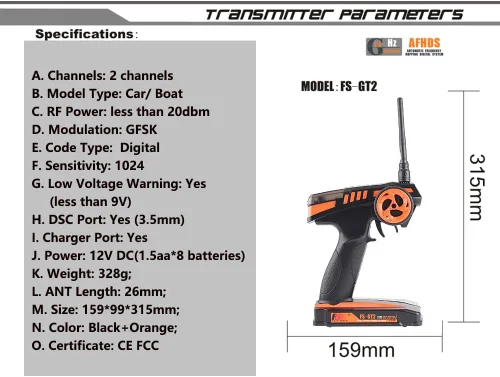 Vista 3 de Controlador de radio GoolRC 2.4 G FS-GT2 2 CH, transmisor (2 canales) y receptor (3 canales) para coche o barco