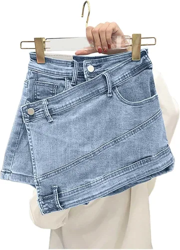 Vista 3 de XUNRYAN Pantalones cortos de mezclilla desgastados de cintura alta para mujer, minifaldas sexy 2 en 1, falda pantalón corto para playa y vacaciones