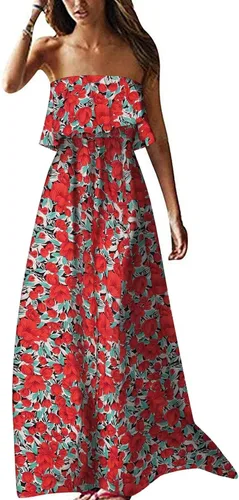 Vista 14 de ZMPSIISA Vestido largo de verano para mujer, con hombros descubiertos, sin A-flor azul