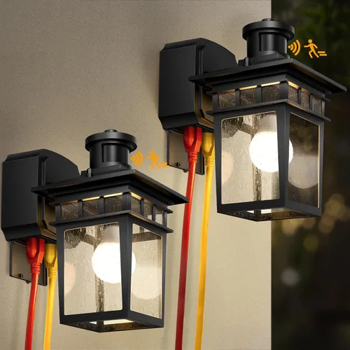 Vista 9 de Luces de Porche Exteriores con Sensor de Movimiento con Toma GFCI, 3 Modos de Luminaria Exterior del Anochecer al Amanecer, Luminaria de Iluminación