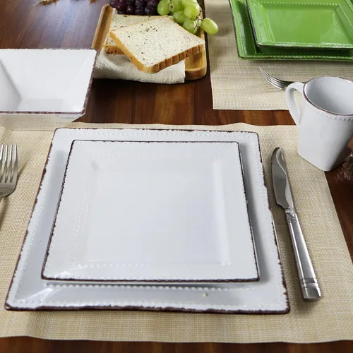 Vista 4 de Lorren Home Trends - Juego de vajilla cuadrada de cerámica con cuentas de 16 piezas, color blanco