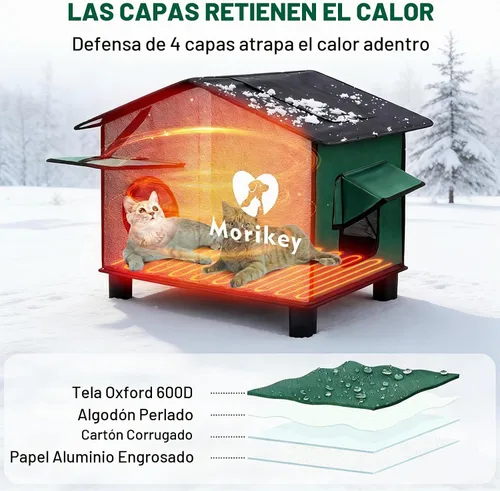 Vista 3 de Casa térmica para gatos para exteriores, casa aislada para gatos al aire libre con almohadilla térmica, refugio resistente a la intemperie