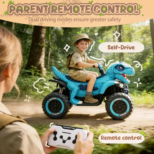 Vista 3 de ATV de dinosaurio de 24 V, motor de potencia de 200 W x 2, ruedas grandes, juguete de 2 plazas con control parental, suspensión de 4 ruedas, luces