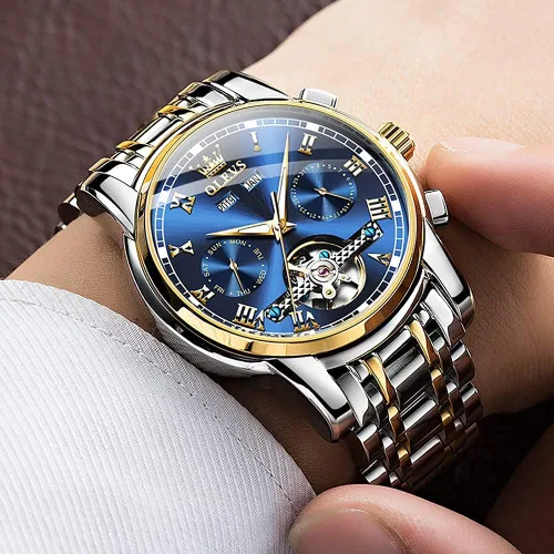 Vista 3 de OLEVS Reloj automático para hombre, cuerda automática, mecánica, de lujo, de acero inoxidable, multicalendario, impermeable, luminoso, reloj