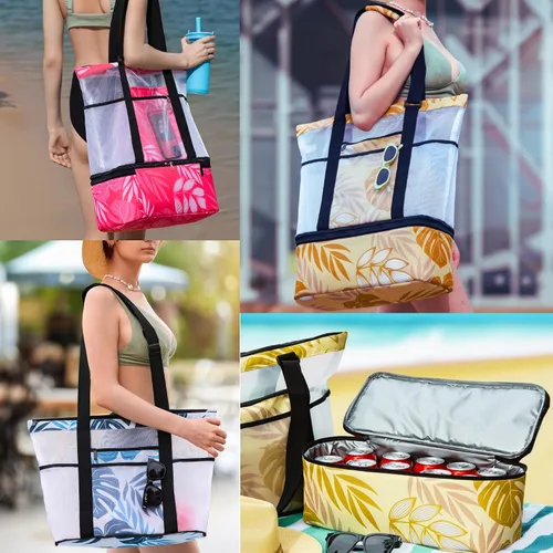 Vista 2 de L'OLGA Bolsa grande de malla con enfriador aislado desmontable, bolsa de fin de semana de playa