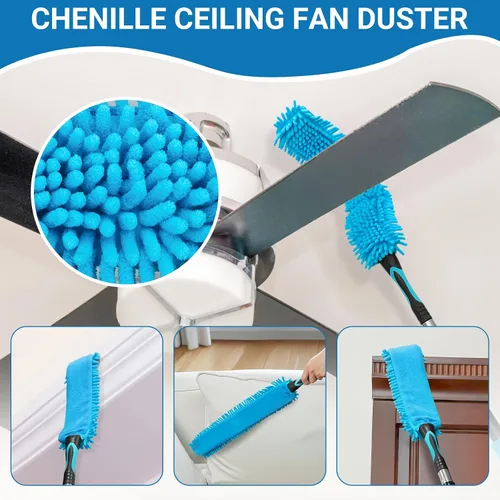 Vista 5 de Ventilador de techo alto de 20 pies con poste de extensión de 5 a 12 pies, telaraña reutilizable extensible y plumero de plumas flexible