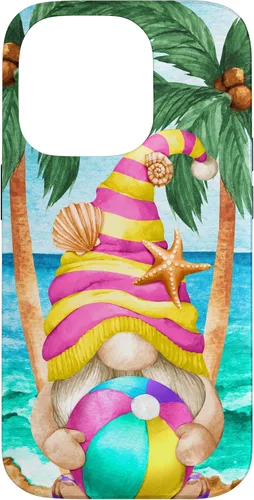 Vista 17 de iPhone 16 Funny Hawaiian Summer Gnome Under Palm Tree For Beach Surfer Case