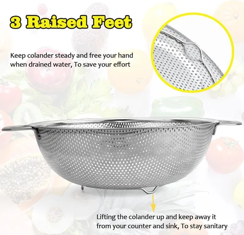Vista 4 de P&P CHEF Colador de acero inoxidable, colador de alimentos microperforado con asa para lavar y drenar, ideal para pasta, frutas, verduras, apto